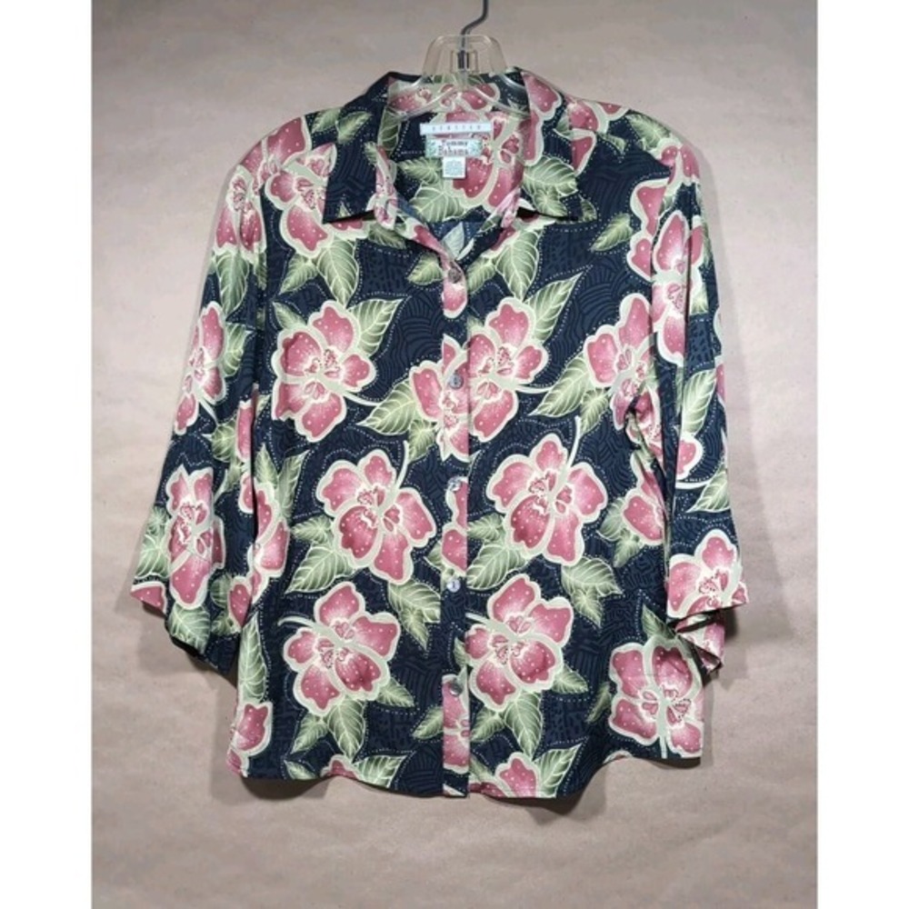 Tommy Bahama Women's Large Floral Silk Blend Buttondown Shirt 3/4 Sleeve Blouse